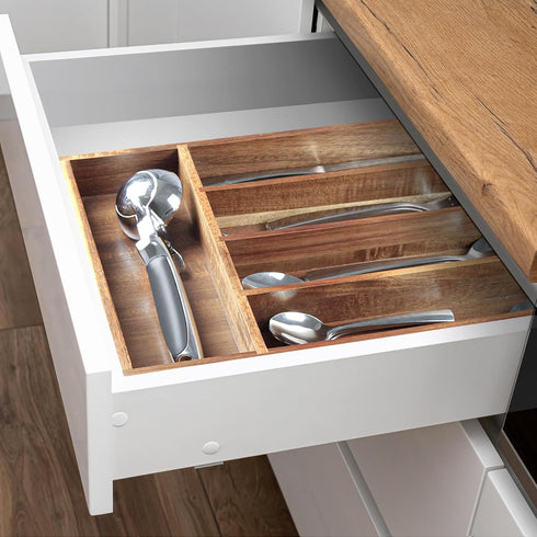 Acacia Wood Silverware Organizer, 5-Compartment Kitchen Utensil Drawer Organizer for Forks & Spoons, Flatware Holder