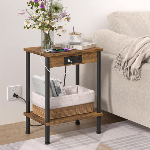 YUFAM End Table with Charging Station,Small Side Table,2-Tier Nightstand with Storage Shelf,Sofa