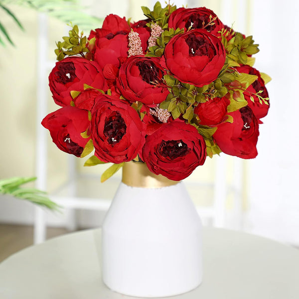2 Bunches Artificial Silk Peony Vintage Flower Bouquet for Party Home Table Centerpieces, Wedding Decoration (Red)