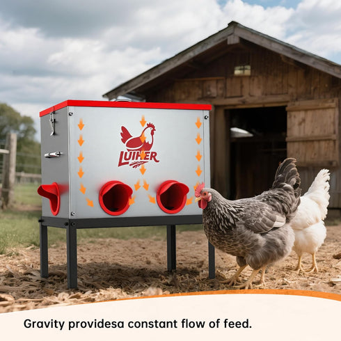 LUIHER 25LB 6 chicken food dispenser no waste chincken feeder Ports Large Capacity Galvanized Metal Poultry Feeder