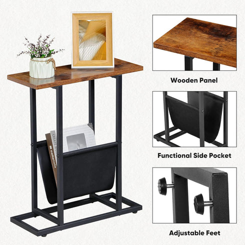 SUPER DEAL Side Table with Magazine Holder Sling, Narrow End Table Slim Nightstand Wood Look Accent Table with Metal