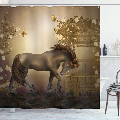 Ambesonne Mystic Shower Curtain - Horse in Roses Garden with Butterflies, Cloth Fabric Bathroom Decor Set, 69" W x 70" L