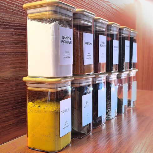 Kuocodall 12 201 8oz Pcs Glass Spice Jars with Bamboo Airtight Lids & Labels - Square Small Empty Food Storage