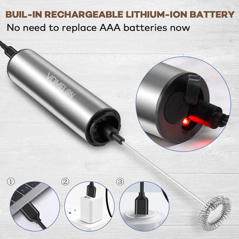 Rechargeable Milk Frother - 3 Speed Electric Coffee Foamer for Travel, Handheld Mixer for Latte, Cappuccino, Silver