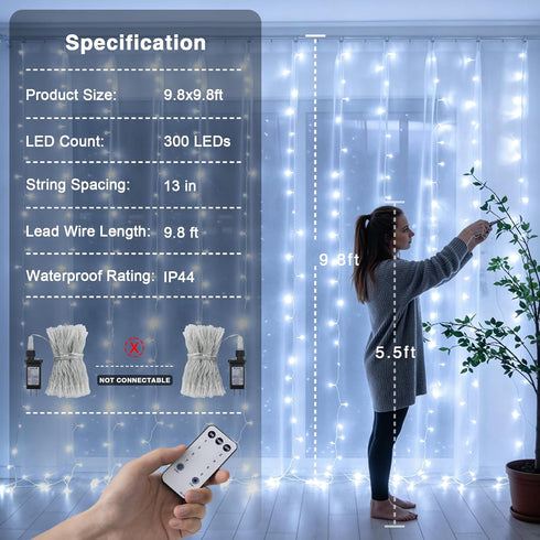 300 9.8x9.8Ft 8 JMEXSUSS LED Curtain Lights Indoor with Remote, White Christmas Lights Plug in, Modes White String
