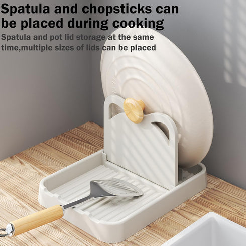 H&W 2Pcs Spoon Rest with Lid Holder, Foldable Kitchen Counter Spoon Holder for Utensils, Beige + Grey