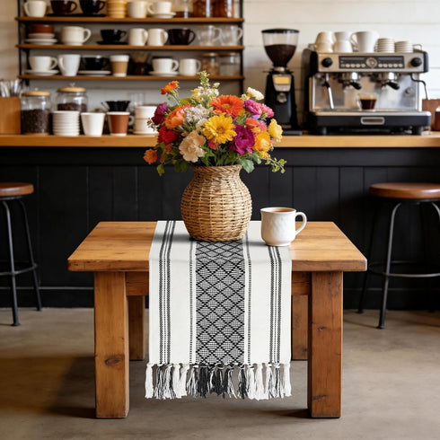 48 Inches yuboo Black and White Striped Table Runner Farmhouse Style, Modern Short Woven Coffee Table Runner Long