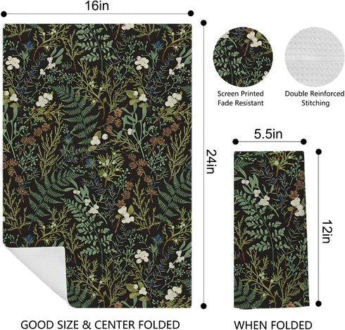Vintage Botanical Kitchen Towels, Dark Green Fern Leaf Herbs Dish Towels Tea Towels for Kitchen, Olive Green Hand Towels for Bathroom, Green Bathroom Kitchen Decor, 16x24 Inches by Kemingni