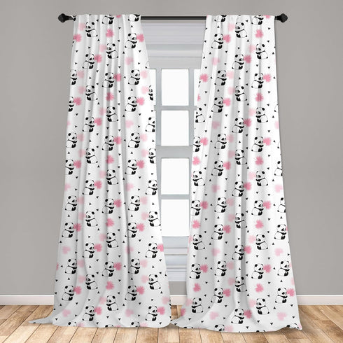 Lunarable Panda Window Curtains, Cartoon Style Bear Drawings with Pinkish Foliage Leaves, 2-Panel Set - 28" x 63", Pink
