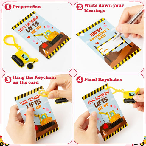 30 Pack Haooryx Valentine's Day Gift Cards with Construction Vehicles Keychains - Engineering Truck Keychain Key Rings