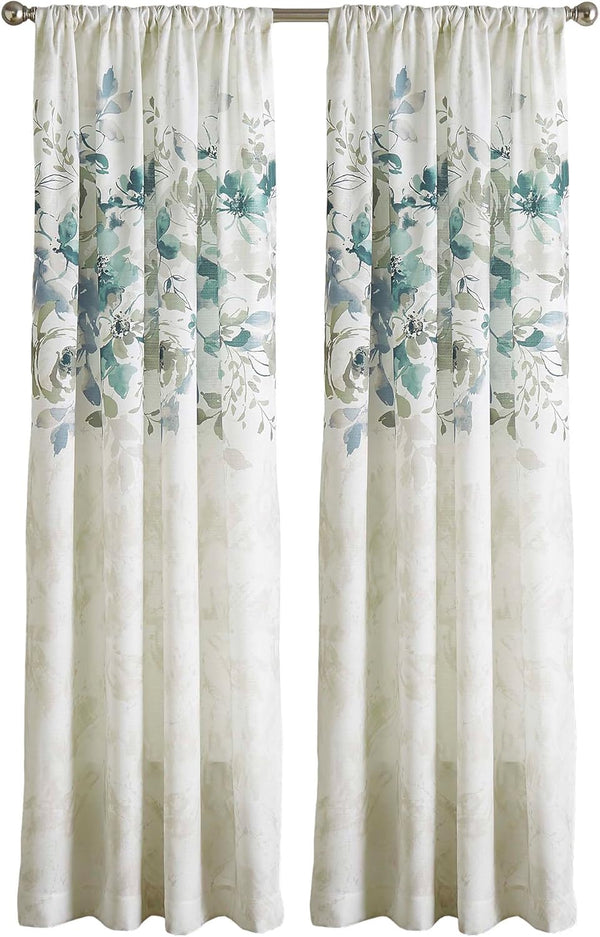 CHF Watercolor Floral Curtain Panel, 84", Aqua