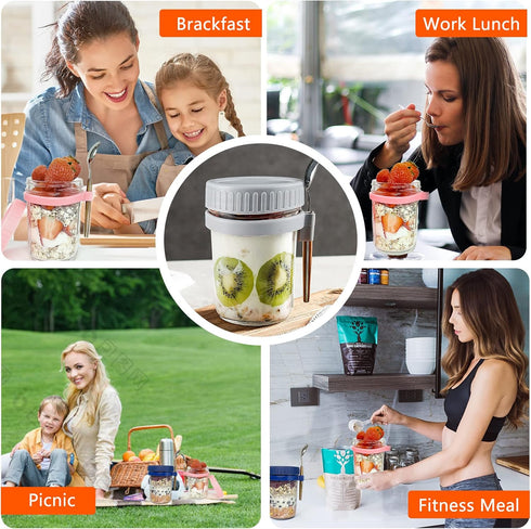 Set 2 12oz Overnight Oats Containers with lids and spoon of Jars Airtight Container with Measurement Marks, Reusable On