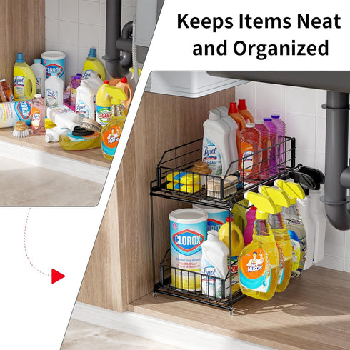 SUEH DESIGN 2 Tier Under Sink Organizer, Metal Kitchen Bathroom Storage with Hanging Rail