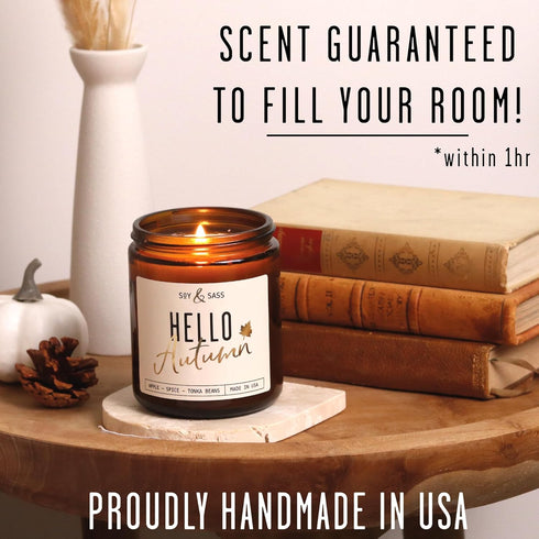 'Hello Autumn' Fall Candle - 9oz Jar with Apple, Cinnamon & Nutmeg, Infused with Essential Oils, 50Hr Burn, Cozy Fall