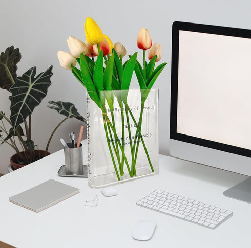 Acrylic Book Vase for Flowers, Modern Aesthetic Flowers Vase for Bookshelf, Desk, Room, Office, Home Decor (Clear)