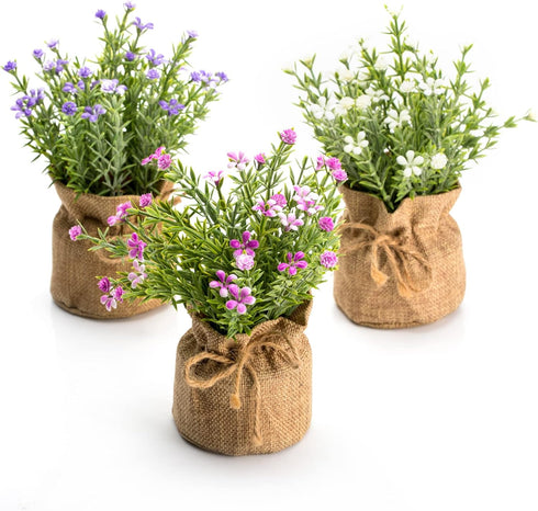 Velener Babys Breath Artificial Flowers in Small Burlap Bag Vases 3Pcs -Gypsophila