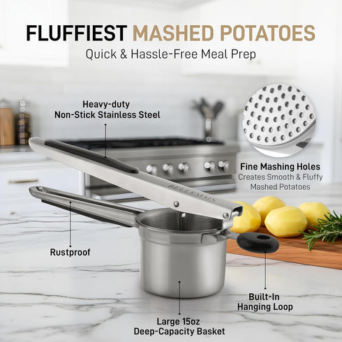 15oz Bellemain Large Potato Ricer Heavy Duty Stainless Steel Potato Masher for Smooth Mashed Potatoes, Baby Food