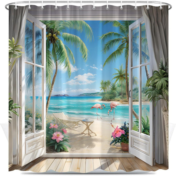 Seascape Shower Curtain - Beach Tropical Palm Trees Ocean Flamingos Coastal Nature Landscape Fabric Decor 70X70 Inch