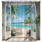 Seascape Shower Curtain - Beach Tropical Palm Trees Ocean Flamingos Coastal Nature Landscape Fabric Decor 70X70 Inch