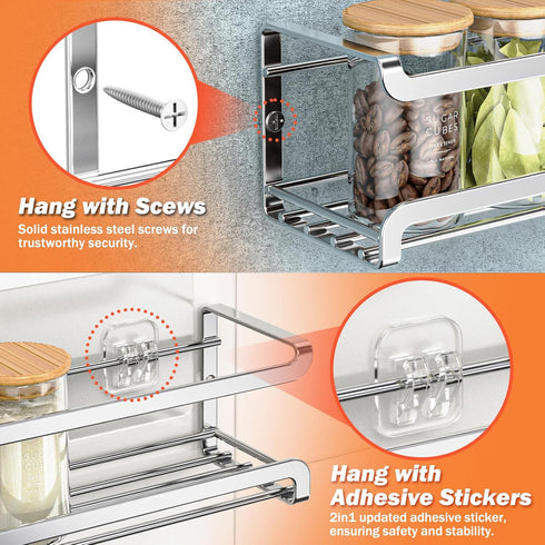 Spice Rack Wall Mounted 4 Pack, Space-Saving Organizer for Spice Jars and Seasonings, Chrome