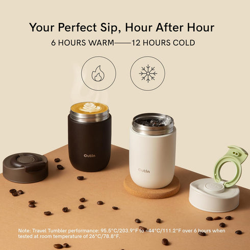 12 oz OutIn Travel Tumbler, Outdoor Insulated Coffee Tumbler with Leak-Proof Flip Lid, Stainless Steel Mug for Hot