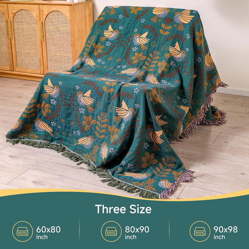 Boho Throw Blanket for Bed Couch, 100% Cotton Woven Bed Throws, Lightweight Soft Cozy Farmhouse Reversible Muslin,