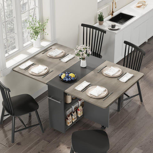 2 Set 4, Space Saving Folding Dining Table with Tier Storage-Extendable Drop Leaf Farmhouse Wood Kitchen Dining Room