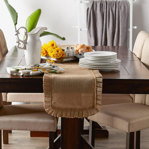 DII Jute Burlap Collection Table Runner, 14x108 with Ruffle Trim for Kitchen Tabletop