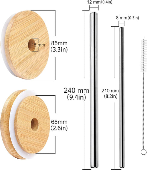 Mason Jar Lids with Straw - Reusable Bamboo Wide Mouth Tumbler Tops, 2 Packs with 2 Stainless Steel Straws
