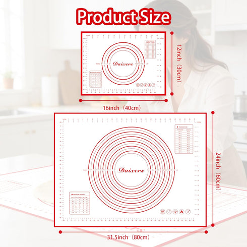 Daixers Set 2,Extra 31.5" 24" 16" 12" Silicone Baking Mats of Large x Small x Non Stick Non Skid Pastry-Mat