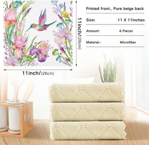 6 Pack, Hummingbird 11"x11" Kitchen Dish Towels Bird Flower Dish Cloths for Drying Dishes Absorbent Cleaning Cloths