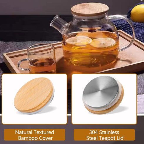 Glass Teapot Stovetop 34 OZ/1000ml, Borosilicate Clear Kettle with Bamboo Lid, Removable Stainless Steel Infuser