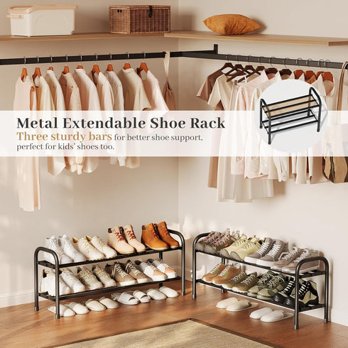 AUGOHCMIL 2-Tier Closet, Expandable Shoe Rack, Metal Shoe Storage Shelf, Adjustable Shoes Organizer for Entryway