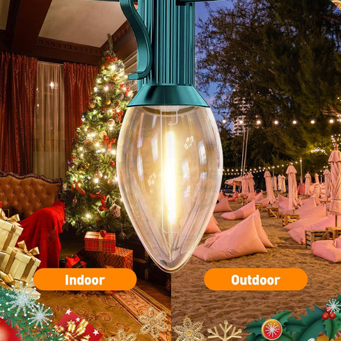 C7 12FT 12 C7 Bulbs, LED Christmas & Halloween Lights - Outdoor Clear String Lights with Vintage Warm White Hanging