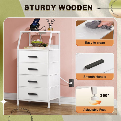 4 Nightstand Drawer Dresser with Charging Station, Side Table with Fabric Drawers, End Table with Open Shelf, Bedside