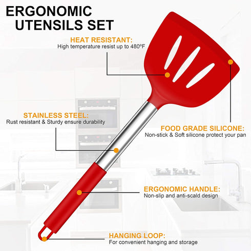 LIANYU 27 PCS Kitchen Utensils Set with Holder, Silicone Cooking Utensils Spatula Set with Stainless Steel Handle, Kitchen Cooking Gadgets Tools for Nonstick Cookware Set, Heat Resistant, Red by LIANYU