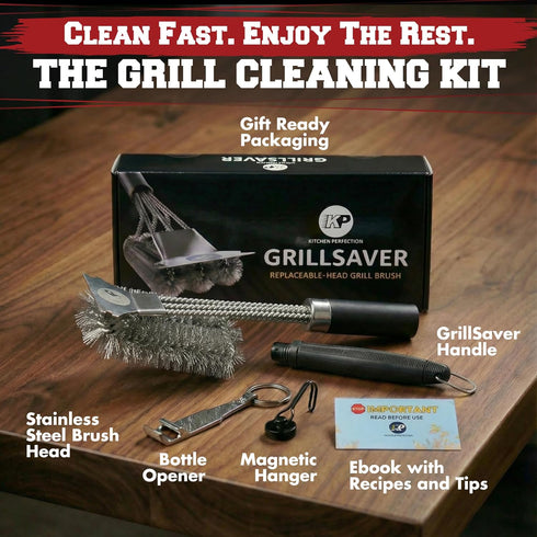 '+2 KITCHEN PERFECTION GrillSaver - Safe BBQ Grill Brush for Outdoor Grill with Replaceable Cleaning Head -Heavy-Duty