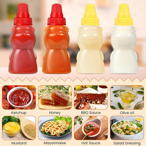 4 1 oz Pieces Bear Shape Mini Condiment Bottles, Mini Ketchup Bottle for Lunch Box, Small Travel Squeeze Squirt