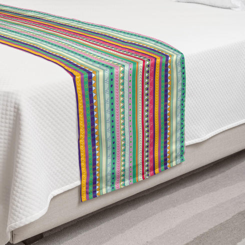 Lunarable Ethnic Bed Runner Set - Doodle Style Colorful Stripes with Circles, Decorative Bedding Scarf & Pillow Sham