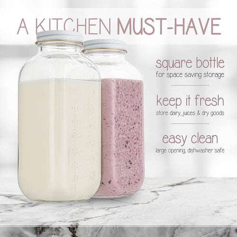 32oz kitchentoolz Square Glass Milk Bottle with White Metal Airtight Lids - Vintage Reusable Milk Jugs - Dairy Drinking