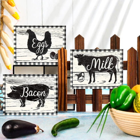 Jetec 3 Pieces Farmhouse Kitchen Decor, Wooden Pig Cow Chicken Signs, Rustic Buffalo Plaid Wall Art for Home Decorations