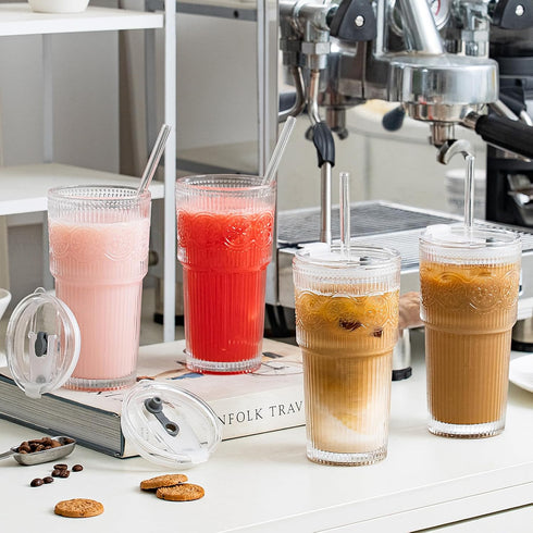 20oz Set 4 SoulTimes Ribbed & Floral Glass Tumbler of Reusable Glass Cups with Lid and Glass Straw, To-Go Iced Coffee