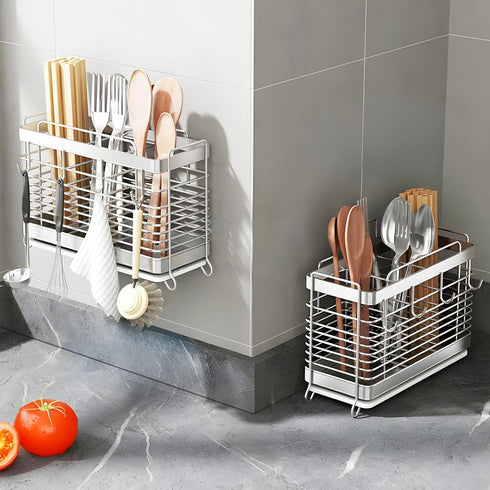Stainless Steel Utensil Holder with 2 Compartments, Drying Rack for Kitchen Counter, Silverware Organizer