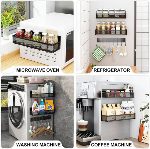 Magnetic Spice Rack for Refrigerator - 3 Pack Moveable Shelf with 8-Hook Rack, Seasoning Organizer for Kitchen