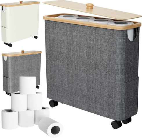 Bamboo Toilet Paper Storage with Lid and Wheels, Bathroom Toilet Storage Basket
