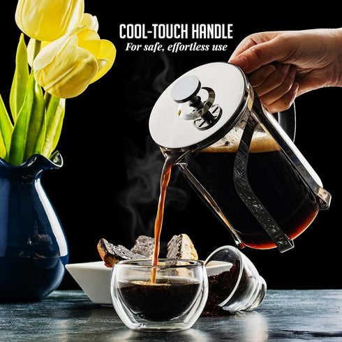 OVENTE 2-in-1 Coffee Press and Tea Maker, High Grade Stainless Steel Infuser, Borosilicate Glass, 27 Ounce, Clear