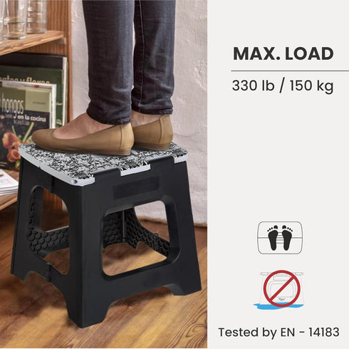 Vigar Compact Step Stool, Foldable 12-1/2-inch Non-Slip Stool for Adults up to 330 Pounds, Rococco Black
