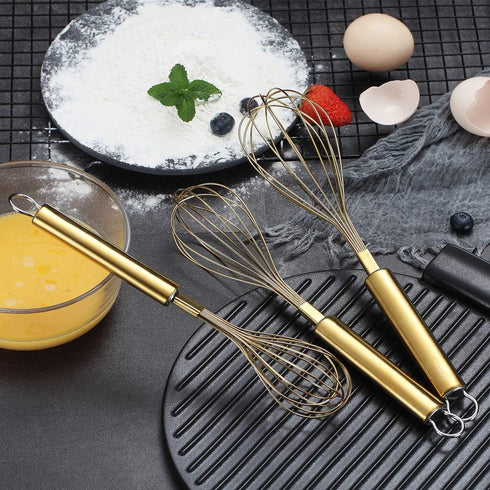 Berglander Gold Whisk Pack of 3 - Stainless Steel 8", 10", 12", Titanium Plating Gold Whisks for Cooking, Beater, Wire