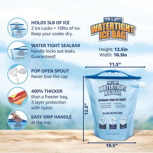 2 Large Leakproof Ice Bags - Reusable Ice Pack for Coolers - Make Cold, Dry Freezer Packs for Drink