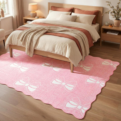 Rug,4x6 Pink Bow Area Solid Color Aesthetic Carpets for Living Room Nursery Dorm Playroom,Machine Washable Wavy Non